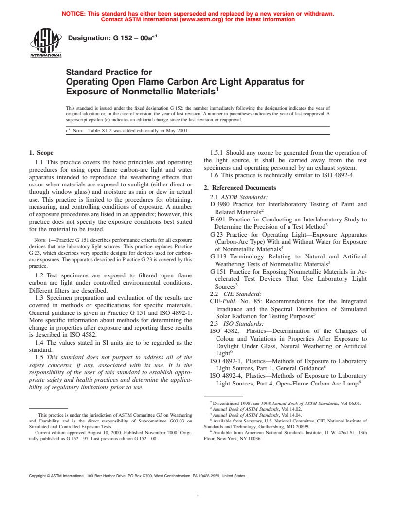 ASTM G152-00ae1 - Standard Practice for Operating Open Flame Carbon Arc Light Apparatus for Exposure of Nonmetallic Materials