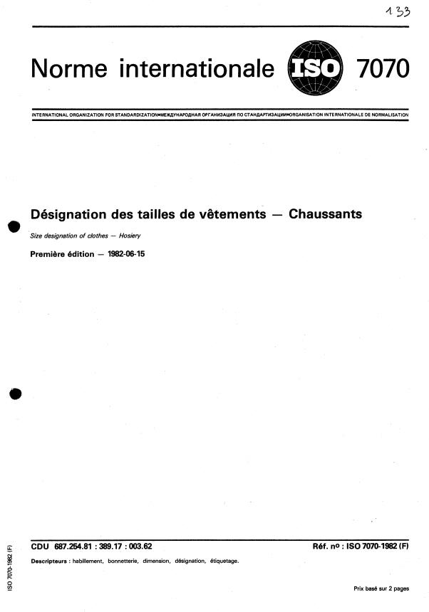 ISO 7070:1982 - Désignation des tailles de vetements -- Chaussants