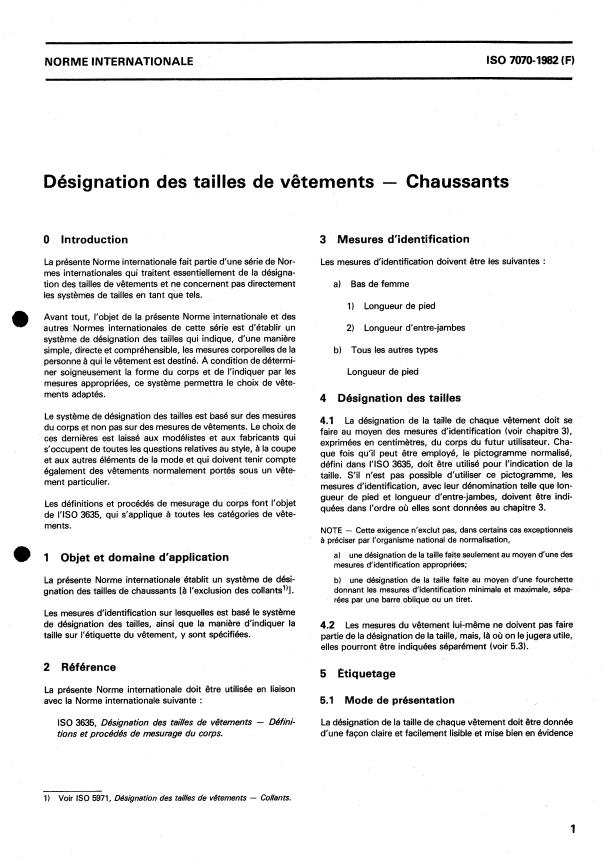 ISO 7070:1982 - Désignation des tailles de vetements -- Chaussants