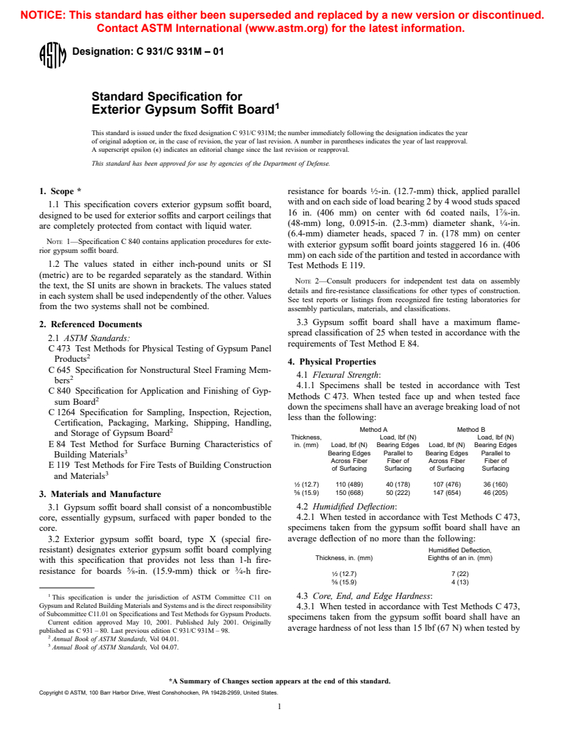 ASTM C931/C931M-01 - Standard Specification for Exterior Gypsum Soffit Board