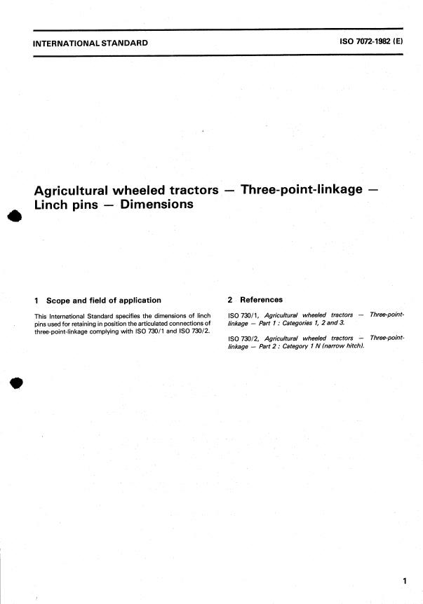 ISO 7072:1982 - Agricultural wheeled tractors -- Three-point-linkage -- Linch pins -- Dimensions