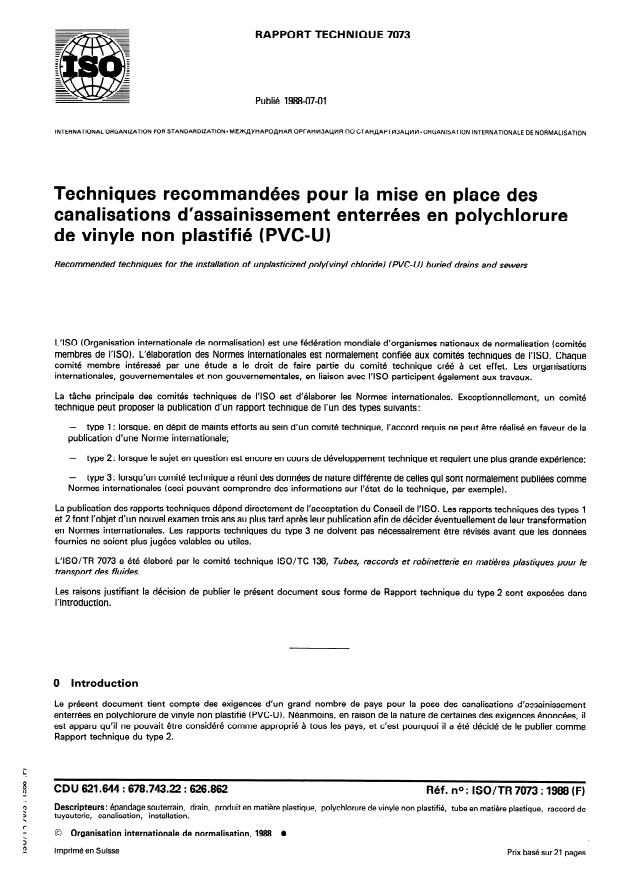 ISO/TR 7073:1988 - Techniques recommandées pour la mise en place des canalisations d'assainissement enterrées en polychlorure de vinyle non plastifié (PVC-U)