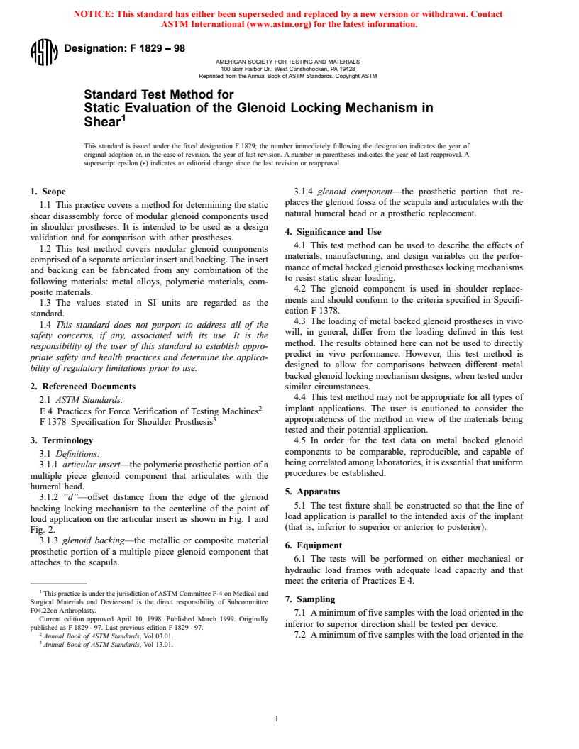 ASTM F1829-98 - Standard Test Method for Static Evaluation of the Glenoid Locking Mechanism in Shear