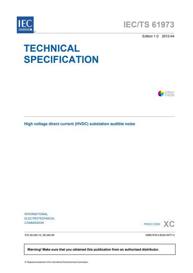 IEC TS 61973:2012 - High voltage direct current (HVDC) substation audible noise