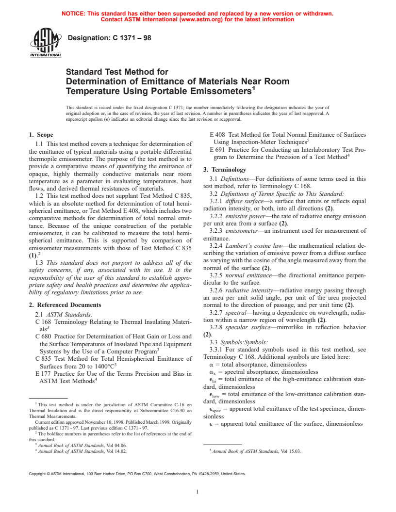 ASTM C1371-98 - Standard Test Method for Determination of Emittance of Materials Near Room Temperature Using Portable Emissometers