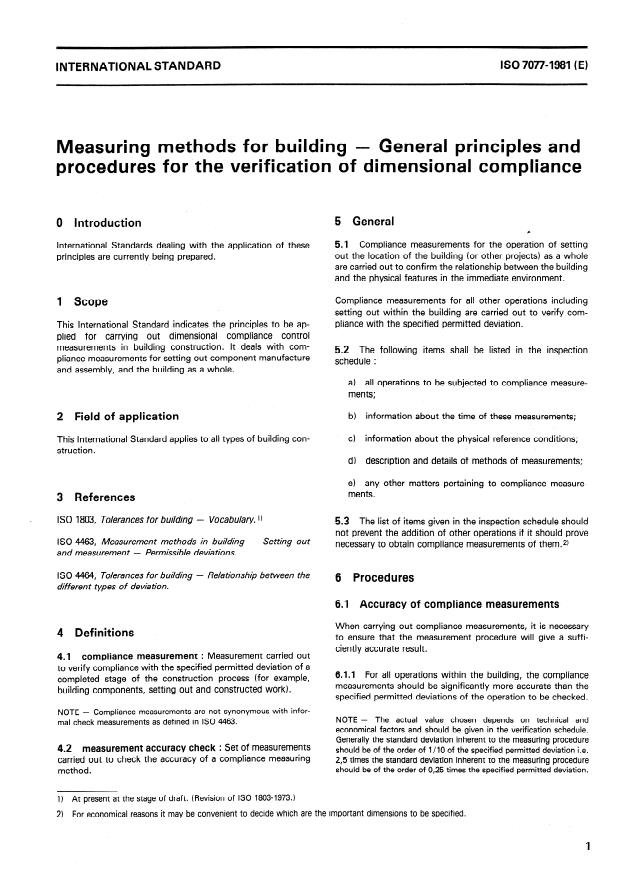 ISO 7077:1981 - Measuring methods for building -- General principles and procedures for the verification of dimensional compliance