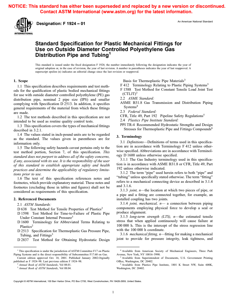 ASTM F1924-01 - Standard Specification for Plastic Mechanical Fittings for Use on Outside Diameter Controlled Polyethylene Gas Distribution Pipe and Tubing