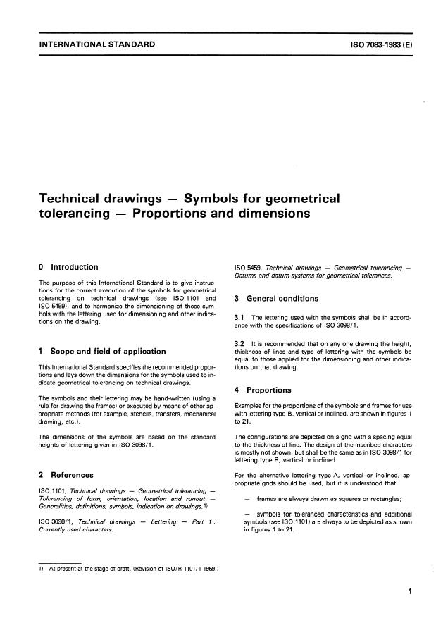 ISO 7083:1983 - Technical drawings -- Symbols for geometrical tolerancing -- Proportions and dimensions