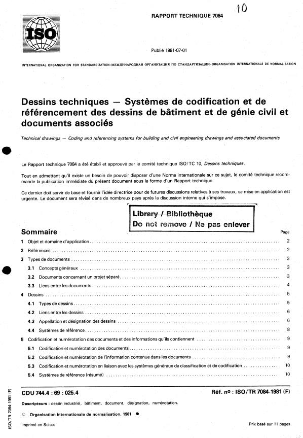 ISO/TR 7084:1981 - Dessins techniques -- Systemes de codification et de référencement des dessins de bâtiment et de génie civil et documents associés