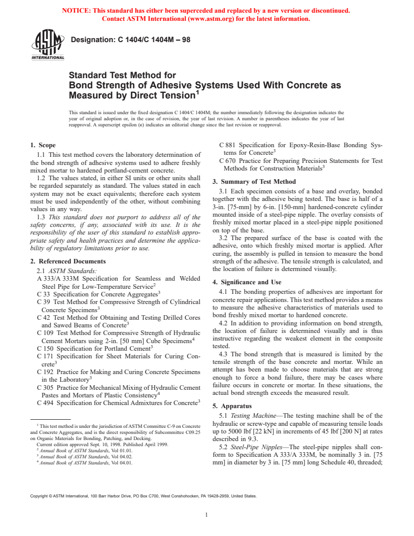 ASTM C1404/C1404M-98 - Standard Test Method for Bond Strength of Adhesive Systems Used with Concrete as Measured by Direct Tension