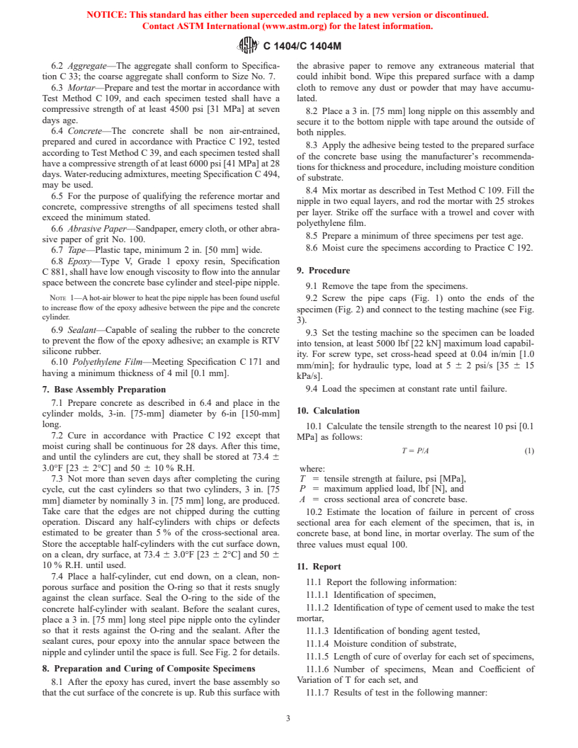 ASTM C1404/C1404M-98 - Standard Test Method for Bond Strength of Adhesive Systems Used with Concrete as Measured by Direct Tension