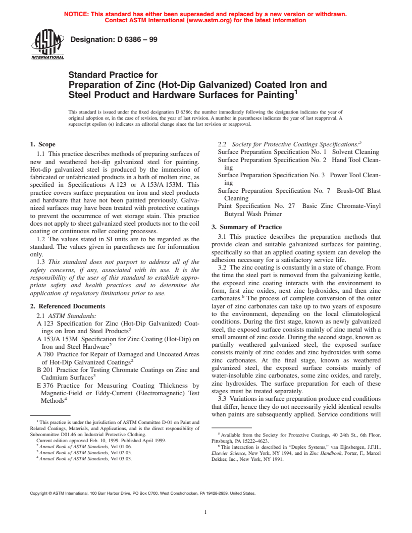 ASTM D6386-99 - Standard Practice for Preparation of Zinc (Hot-Dip Galvanized) Coated Iron and Steel Product and Hardware Surfaces for Painting