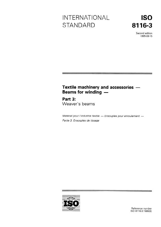 ISO 8116-3:1995 - Textile machinery and accessories -- Beams for winding
