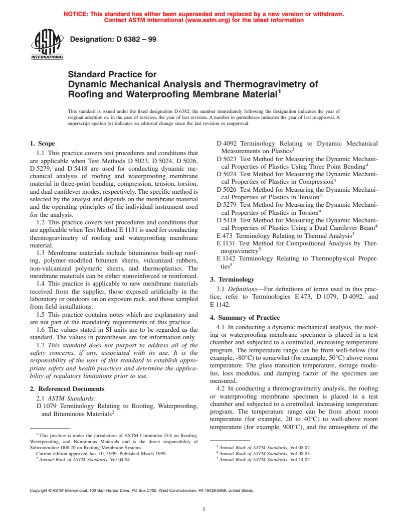 ASTM D6382-99 - Standard Practice for Dynamic Mechanical Analysis and Thermogravimetry of Roofing and Waterproofing Membrane Material