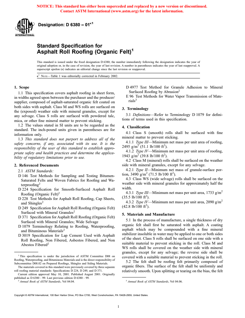 ASTM D6380-01e1 - Standard Specification for Asphalt Roll Roofing (Organic Felt)
