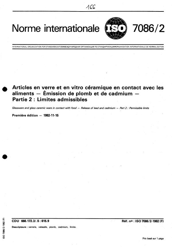 ISO 7086-2:1982 - Articles en verre et en vitro céramique en contact avec les aliments -- Émission de plomb et de cadmium
