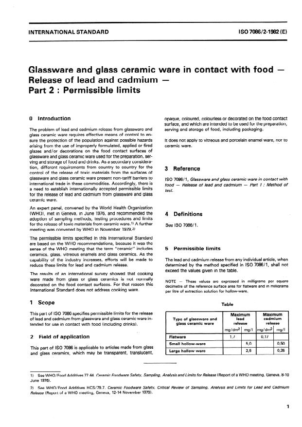 ISO 7086-2:1982 - Glassware and glass ceramic ware in contact with food -- Release of lead and cadmium