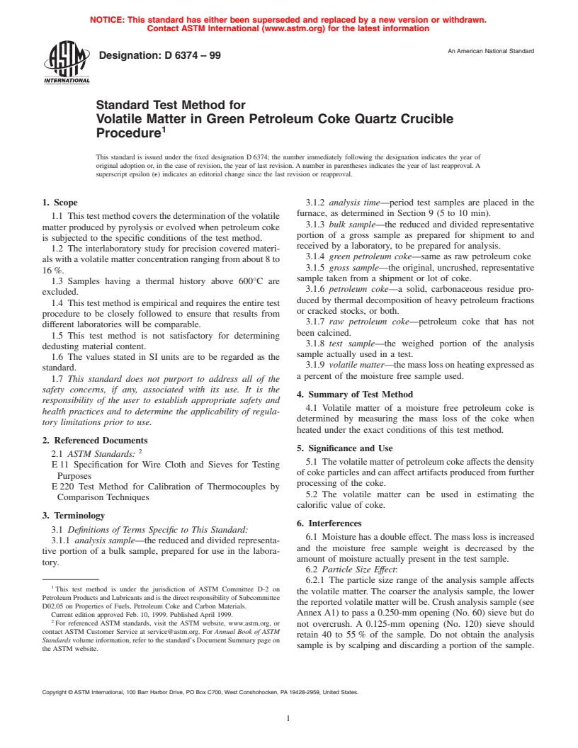 ASTM D6374-99 - Standard Test Method for Volatile Matter in Green Petroleum Coke Quartz Crucible Procedure