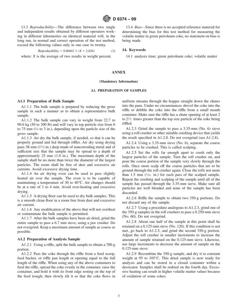 ASTM D6374-99 - Standard Test Method for Volatile Matter in Green Petroleum Coke Quartz Crucible Procedure