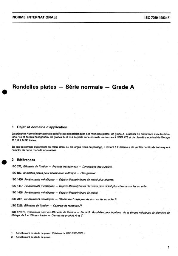 ISO 7089:1983 - Rondelles plates -- Série normale -- Grade A