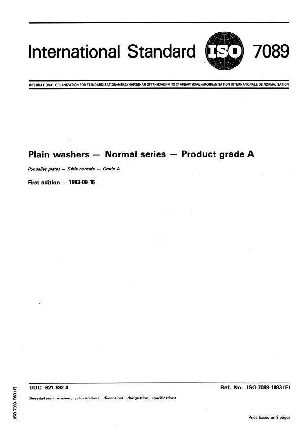 ISO 7089:1983 - Plain washers -- Normal series -- Product grade A