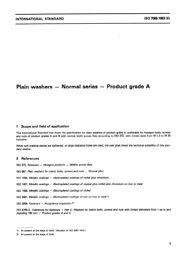ISO 7089:1983 - Plain washers -- Normal series -- Product grade A