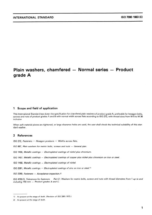 ISO 7090:1983 - Plain washers, chamfered -- Normal series -- Product grade A