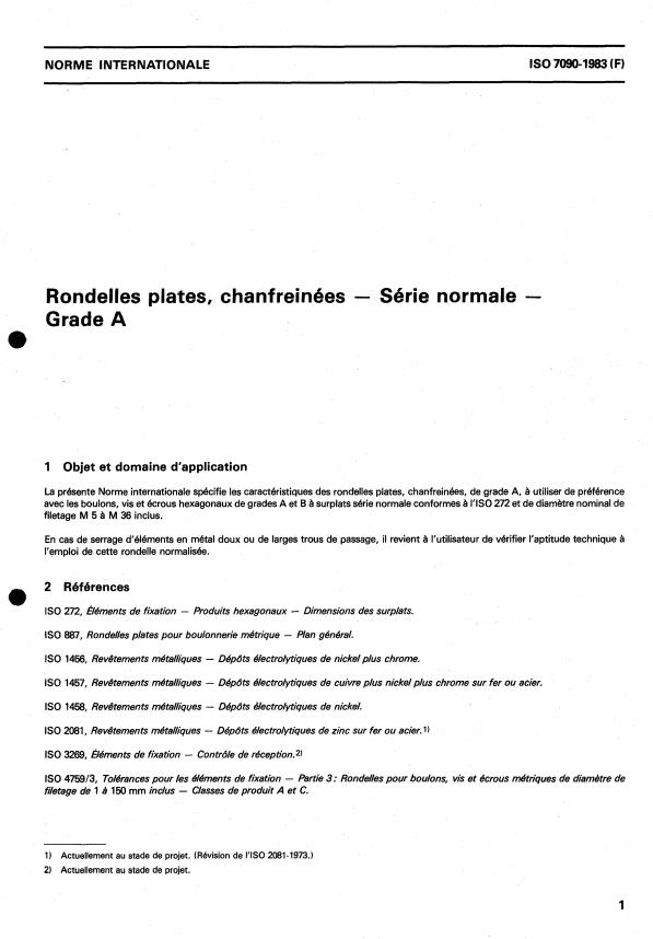 ISO 7090:1983 - Rondelles plates, chanfreinées -- Série normale -- Grade A