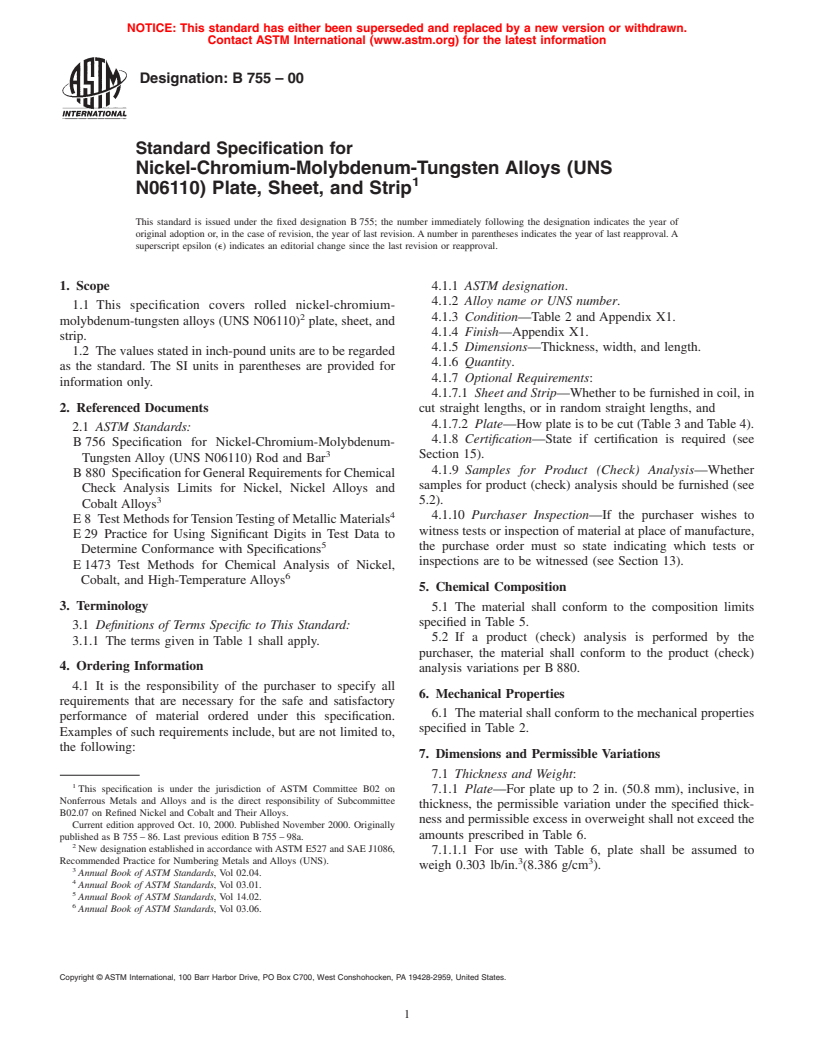 ASTM B755-00 - Standard Specification for Nickel-Chromium-Molybdenum-Tungsten Alloys (UNS N06110) Plate, Sheet, and Strip