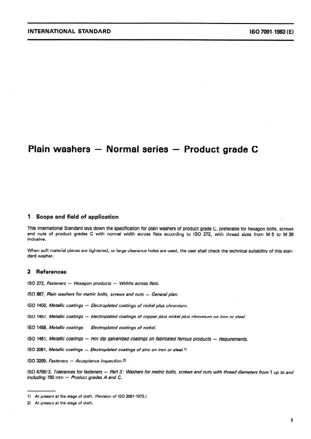 ISO 7091:1983 - Plain washers -- Normal series -- Product grade C