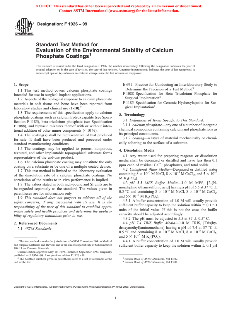 ASTM F1926-99 - Standard Test Method for Evaluation of the Environmental Stability of Calcium Phosphate Coatings