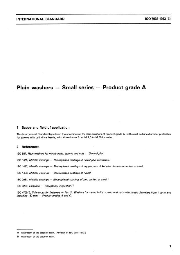 ISO 7092:1983 - Plain washers -- Small series -- Product grade A