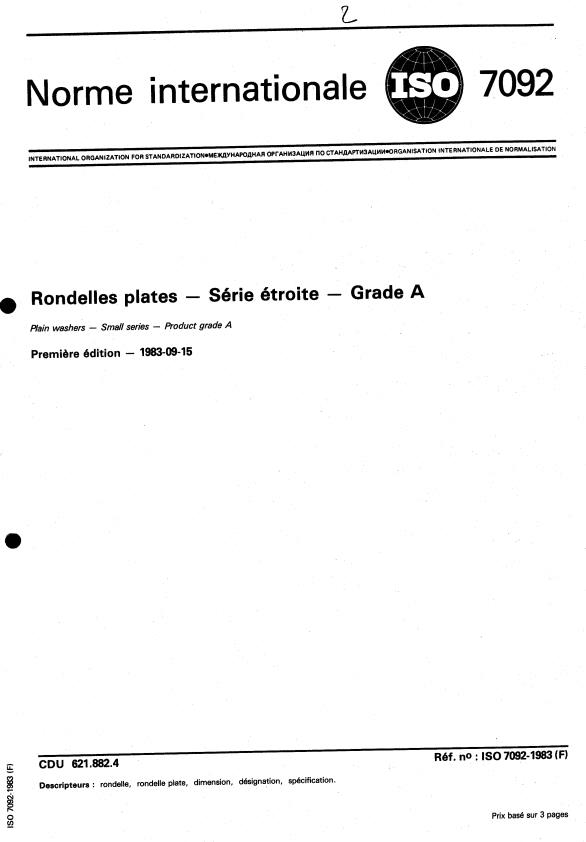 ISO 7092:1983 - Rondelles plates -- Série étroite -- Grade A
