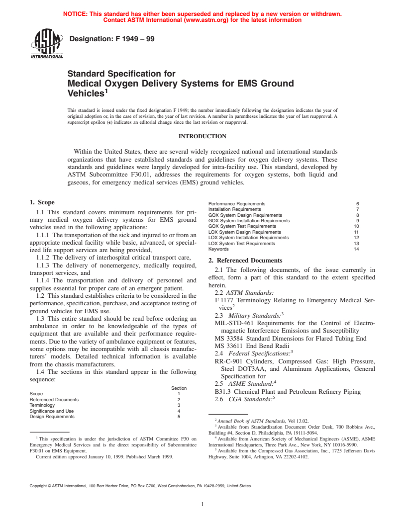 ASTM F1949-99 - Standard Specification for Medical Oxygen Delivery Systems for EMS Ground Vehicles