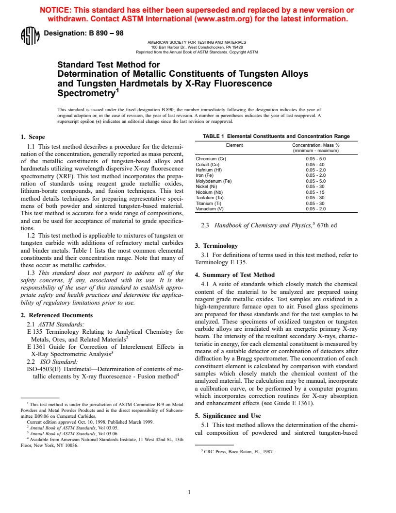 ASTM B890-98 - Standard Test Method for Determination of Metallic Constituents of Tungsten Alloys and Tungsten Hardmetals by X-Ray Fluorescence Spectrometry