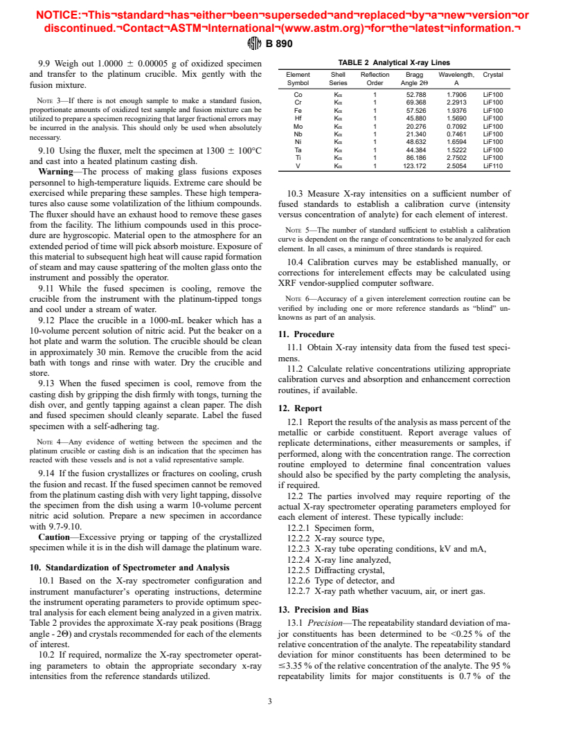 ASTM B890-98 - Standard Test Method for Determination of Metallic Constituents of Tungsten Alloys and Tungsten Hardmetals by X-Ray Fluorescence Spectrometry