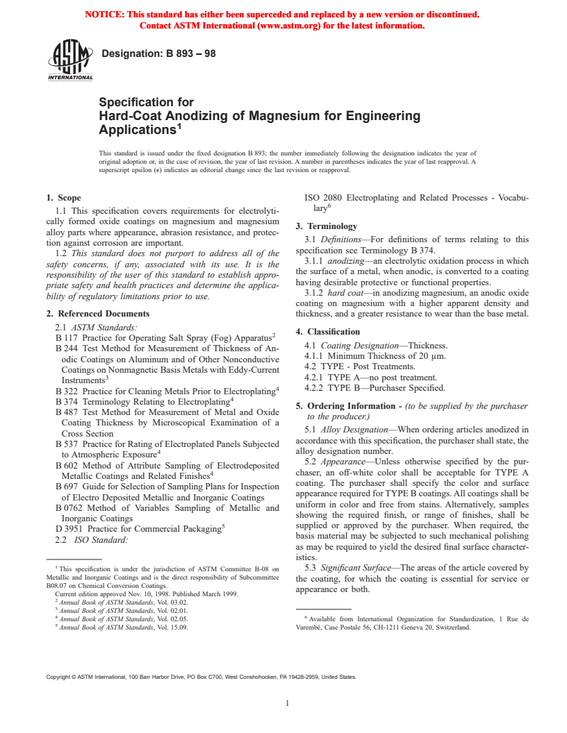 ASTM B893-98 - Specification for Hard-Coat Anodizing of Magnesium for Engineering Applications