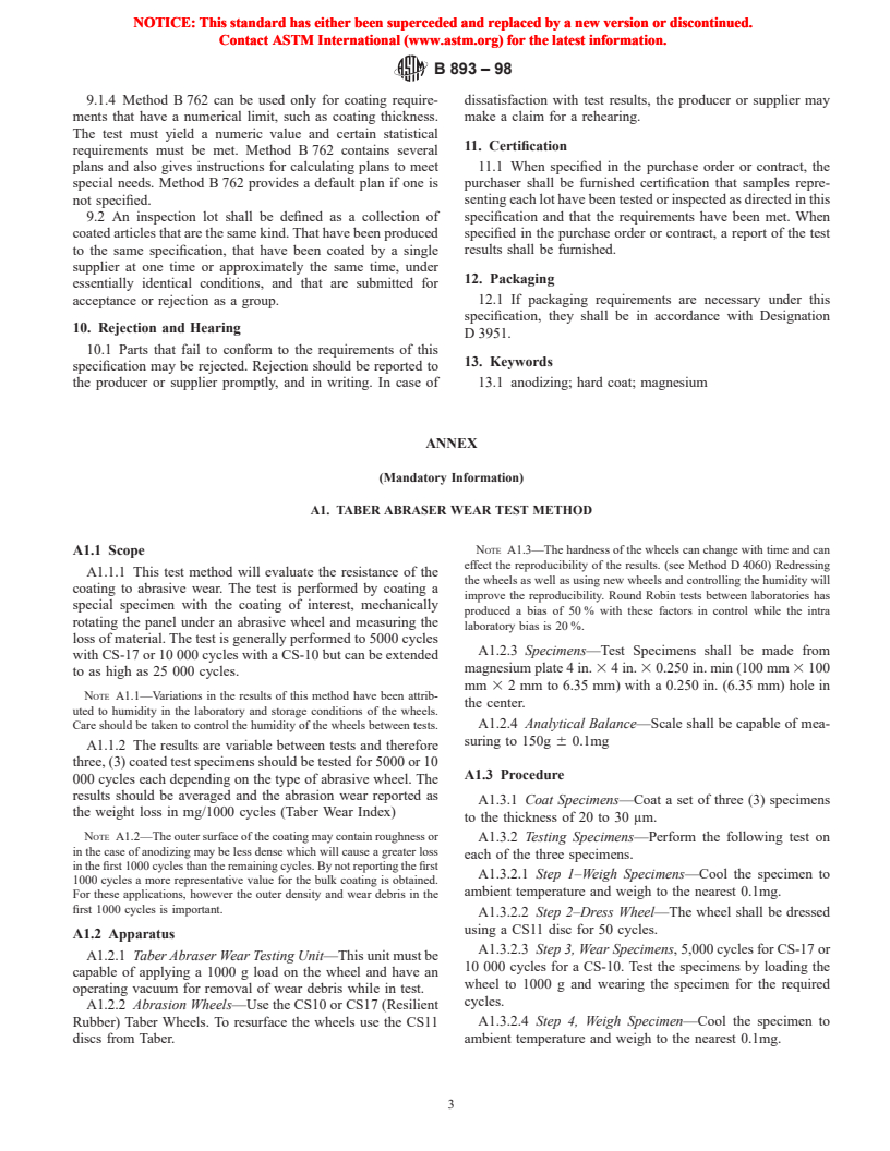 ASTM B893-98 - Specification for Hard-Coat Anodizing of Magnesium for Engineering Applications