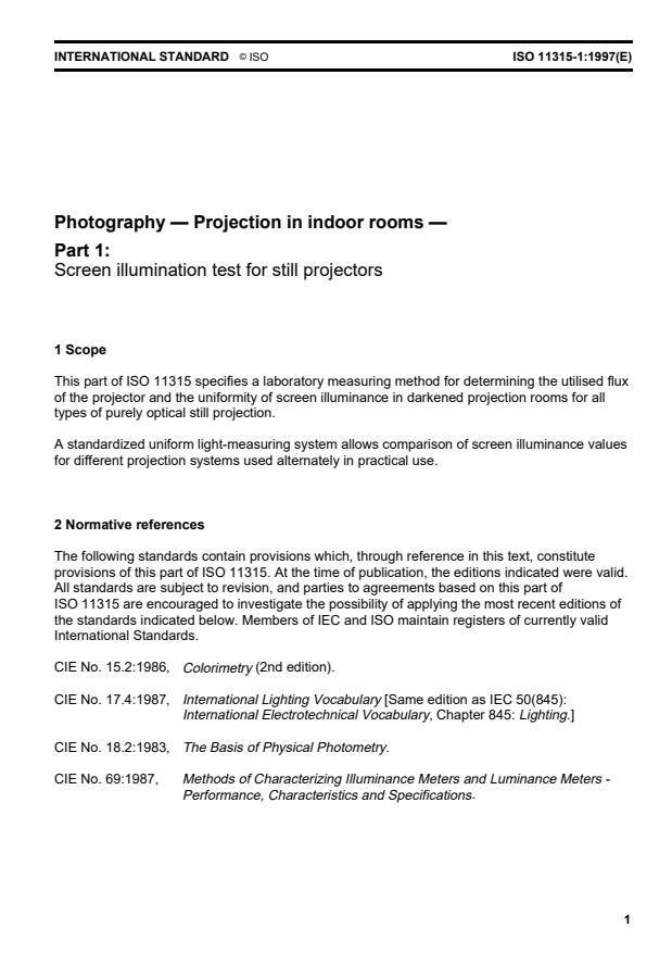 ISO 11315-1:1997 - Photography -- Projection in indoor rooms