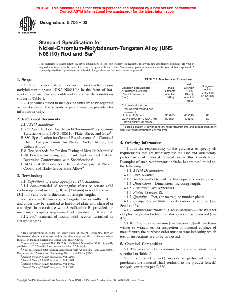 ASTM B756-00 - Standard Specification for Nickel-Chromium-Molybdenum-Tungsten Alloy (UNS N06110) Rod and Bar