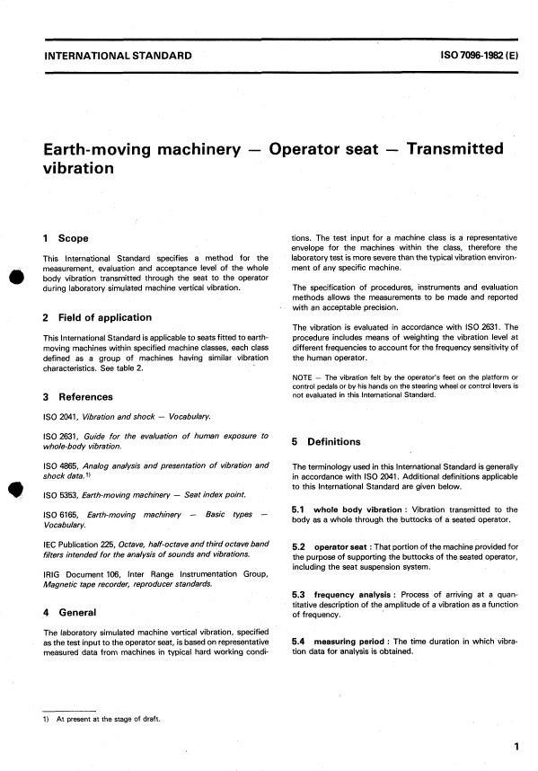 ISO 7096:1982 - Earth-moving machinery -- Operator seat -- Transmitted vibration
