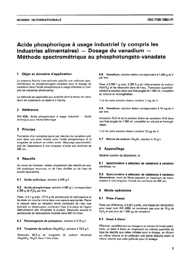 ISO 7100:1983 - Acide phosphorique a usage industriel (y compris les industries alimentaires) -- Dosage du vanadium -- Méthode spectrométrique au phosphotungsto-vanadate