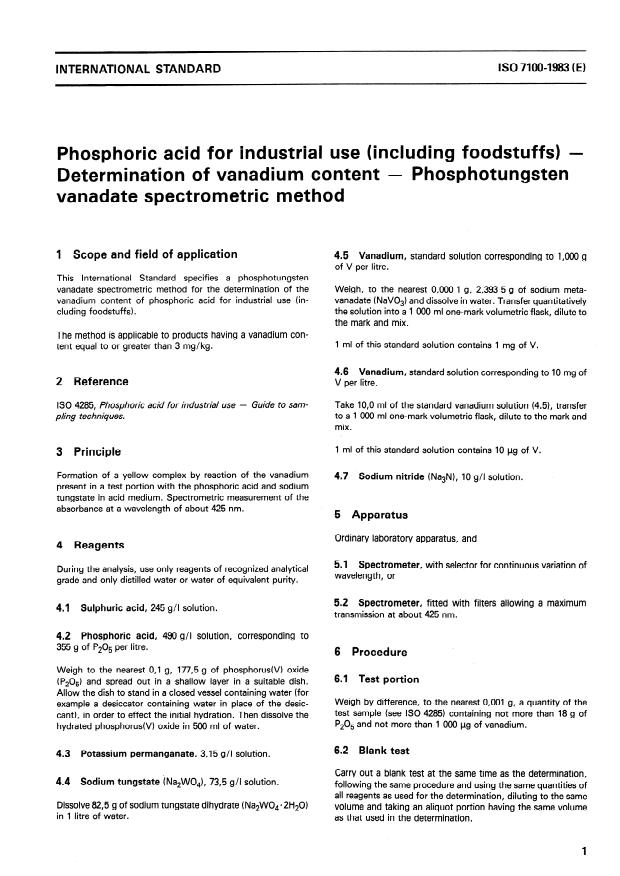 ISO 7100:1983 - Phosphoric acid for industrial use (including foodstuffs) -- Determination of vanadium content -- Phosphotungsten vanadate spectrometric method