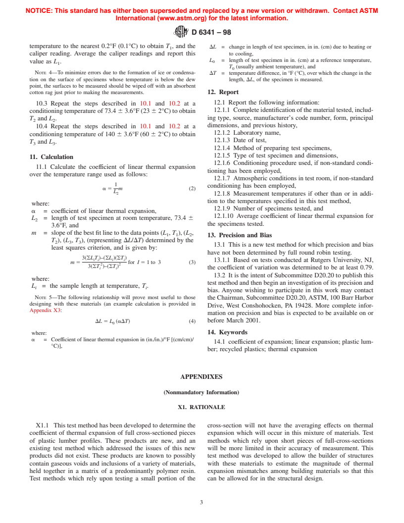 ASTM D6341-98 - Standard Test Method for Determination of the Linear Coefficient of Thermal Expansion of Plastic Lumber and Plastic Lumber Shapes Between -30 and 140&#176F (-34.4 and 60&#176C)