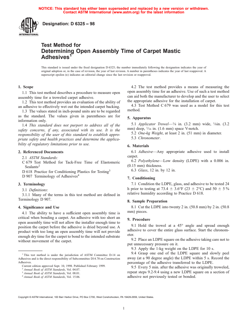 ASTM D6325-98 - Test Method for Determining Open Assembly Time of Carpet Mastic Adhesives