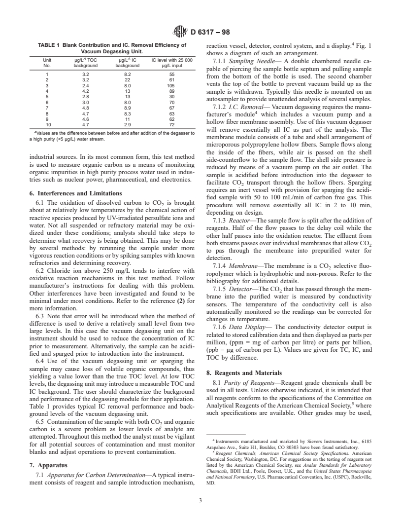 ASTM D6317-98 - Standard Test Method for Low Level Determination of Total Carbon, Inorganic Carbon and Organic Carbon in Water by Ultraviolet, Persulfate Oxidation, and Membrane Conductivity Detection