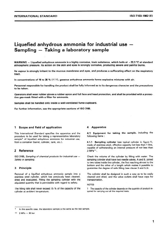 ISO 7103:1982 - Liquefied anhydrous ammonia for industrial use -- Sampling -- Taking a laboratory sample