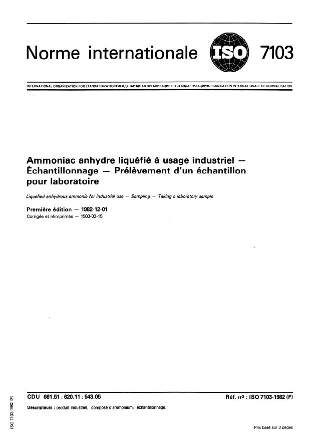 ISO 7103:1982 - Ammoniac anhydre liquéfié a usage industriel -- Échantillonnage -- Prélevement d'un échantillon pour laboratoire