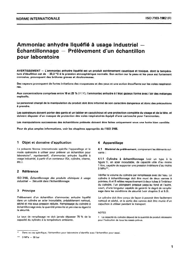 ISO 7103:1982 - Ammoniac anhydre liquéfié a usage industriel -- Échantillonnage -- Prélevement d'un échantillon pour laboratoire