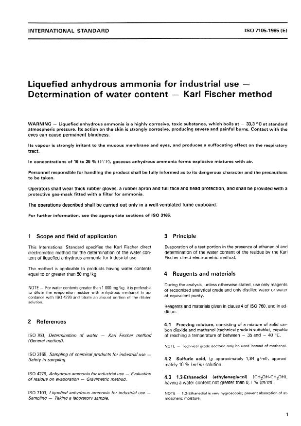 ISO 7105:1985 - Liquefied anhydrous ammonia for industrial use -- Determination of water content -- Karl Fischer method